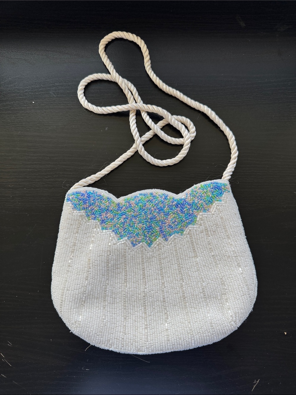 Beaded White Crossbody Bag with Iridescent Detail